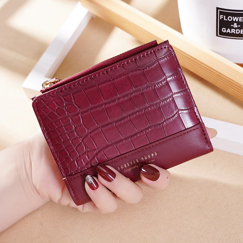 Crocodile Pattern Women's Wallets Mini Coin Purse Ladies Small Wallet Female PU Leather Two-Fold Zipper Card Holder: Red 6210