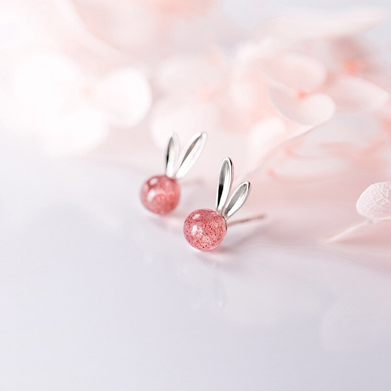 100% Echt 925 Sterling Zilveren Schattige Konijn Stud Oorbellen Voor Vrouwen Meisjes Kleurrijke Animal Oorbellen Studs Voor Verjaardag: Strawberry crystal