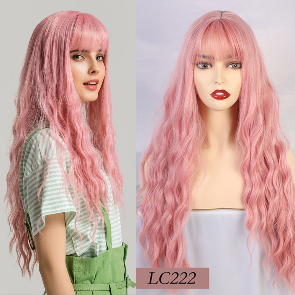 JONRENAU Synthetic Dark Brown Long Wavy Hair Wigs with Side Bangs Heat Resistant Fiber Wigs for White Black Women: LC222-1