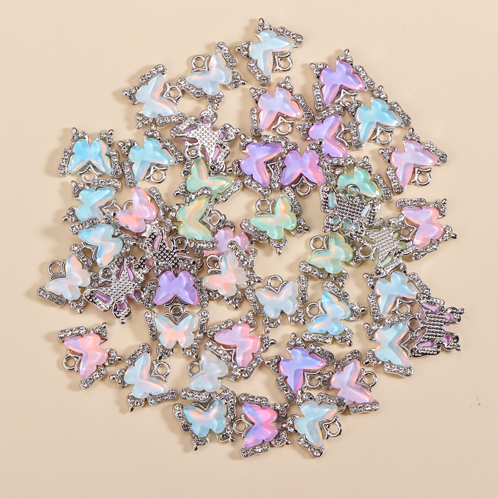10 Uds. De abalorios de mariposa de cristal Multicolor de 11mm, colgante pequeño de cristal, manualidades, pendientes, collar, accesorios de decoración de joyería: Zinc negro plateado