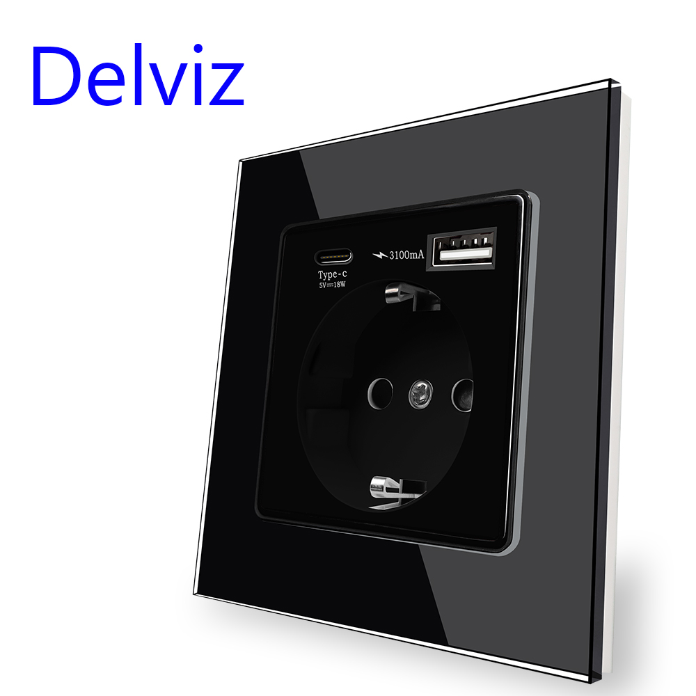 Delviz EU standard USB Socket, Crystal glass panel,1A1C dual interface smart quick charge,Wall Power Outlet With Type-C USB port: Floor Socket