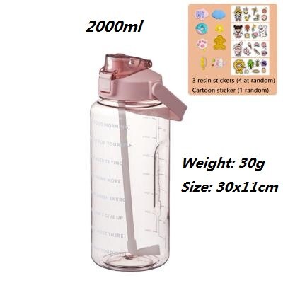 2000Ml Outdoor Water Grote Ketel Met Stro Sport Flessen 3D Cartoon Stickers Water Storge Transparante Sport Fles: 3DSticker Pink