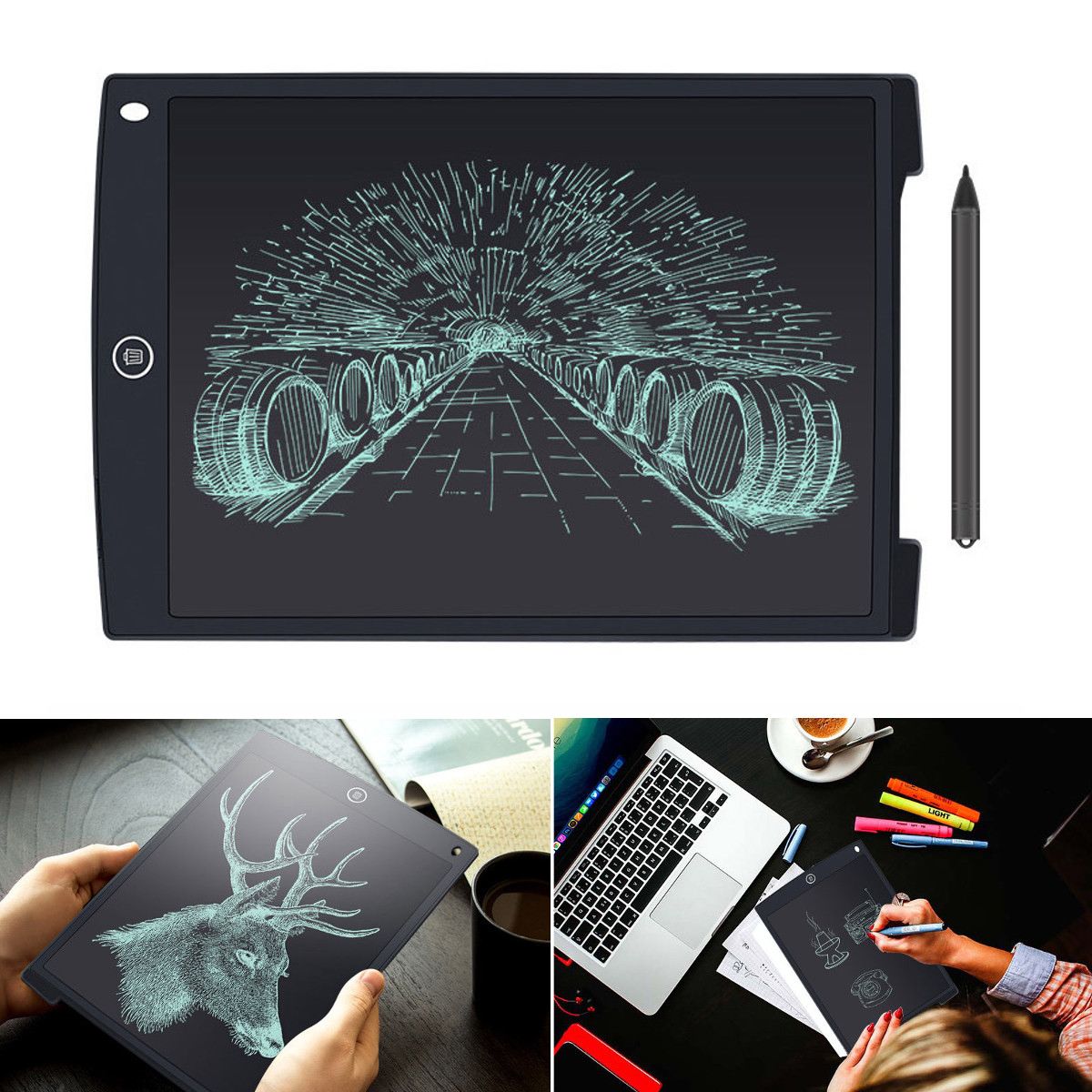 12" Electronic Digital Tablet LCD Handwriting Pad Tablet Drawing Graphics Painting Board Portable Notepad with Pen Black