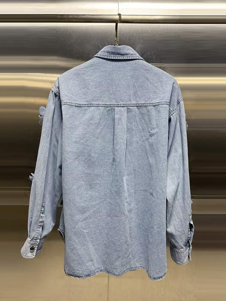 Vgh solide Patchwork Applikationen lässige Jeans jacken für Frauen Revers Langarm minimalist ischen losen Mäntel weiblichen Modestil
