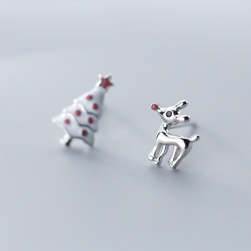 MloveAcc 925 Sterling Silver Stud Earrings Deer Christmas Tree Asymmetrical Earrings for Women Girl Christmas Jewelry: Default Title