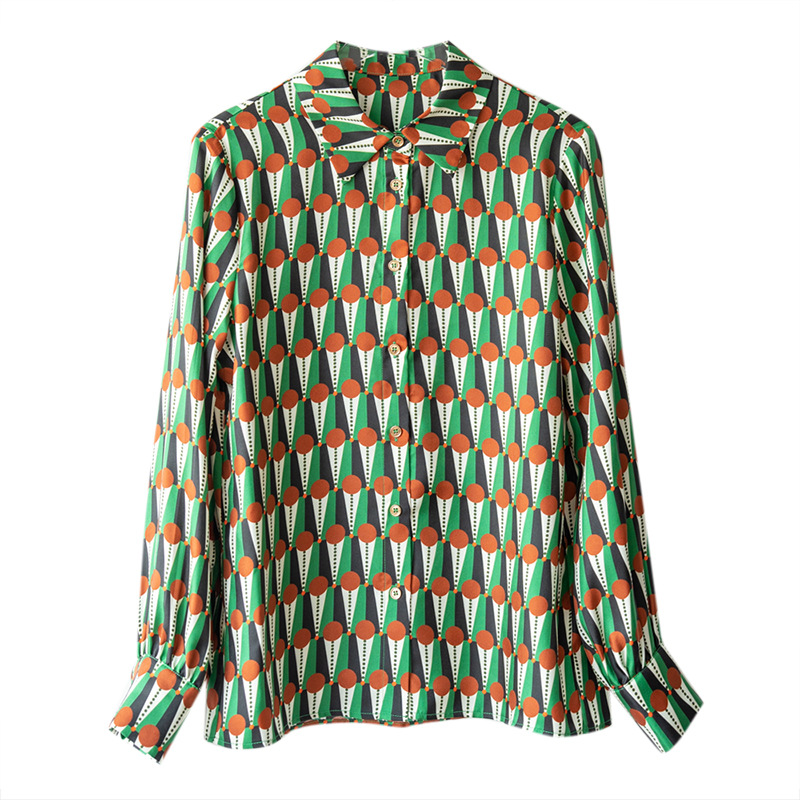 Fanieces Jahrgang drucken grünes frauen hemd langarm revers frühling herbst schlanke Satin- blusen blusas mujer elegantes y Jugendliche: XXXL