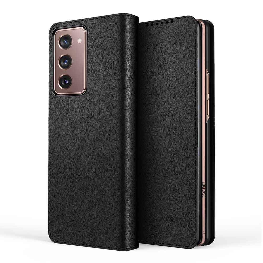 Magnetic attraction Split fold Case For Galaxy Fold 2 Case Case for Galaxy Z Fold2 5G Leather Flip Case Mobile Phone Shell: Black