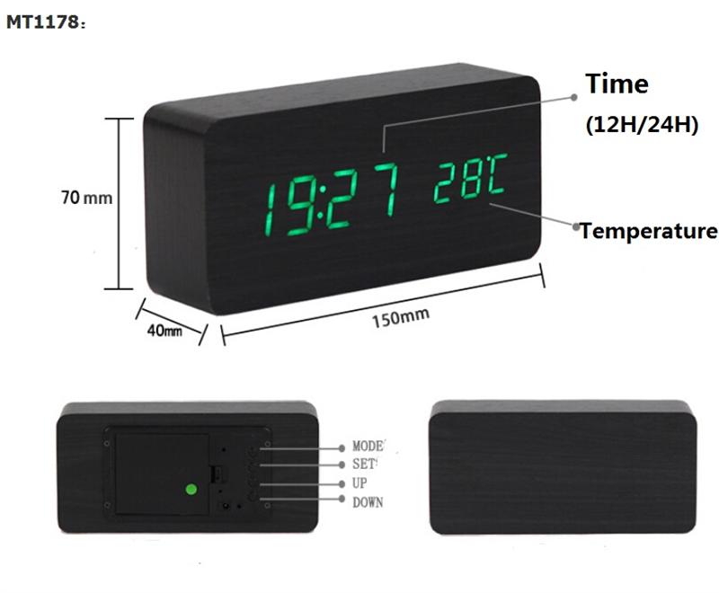 Réveil en bois à LED, thermomètre numérique, horloge électronique de bureau, alimenté par USB/AAA, décoration de Table