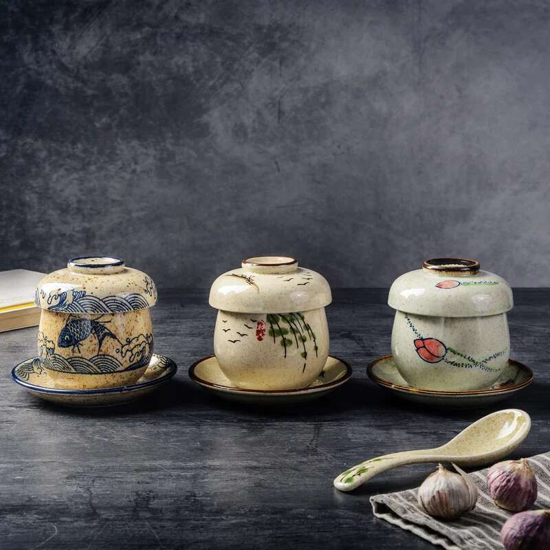 Filles à vapeur avec couvercle, bol à pudding en céramique, tasse à vapeur à œufs japonaise, Dessert, accent d'oiseau, petit bol à soupe aux œufs