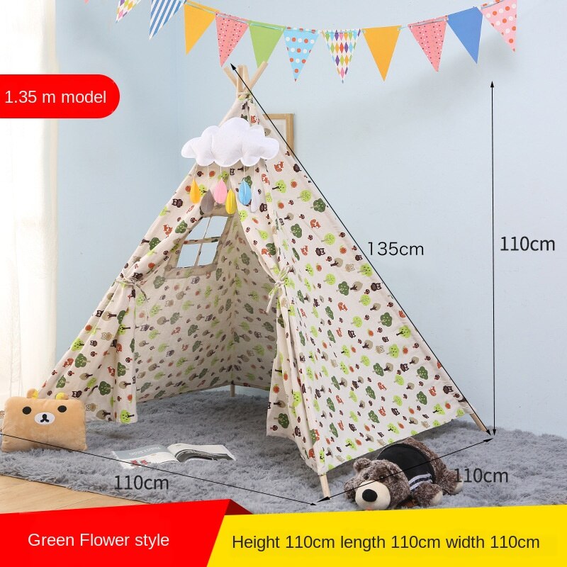 Tipi tent for kids Play-Tent Teepee House Wigwam Room Children's Tent Game-House Triangle Teepee Canvas Sleeping Dome 135cm: Green Flower Tent