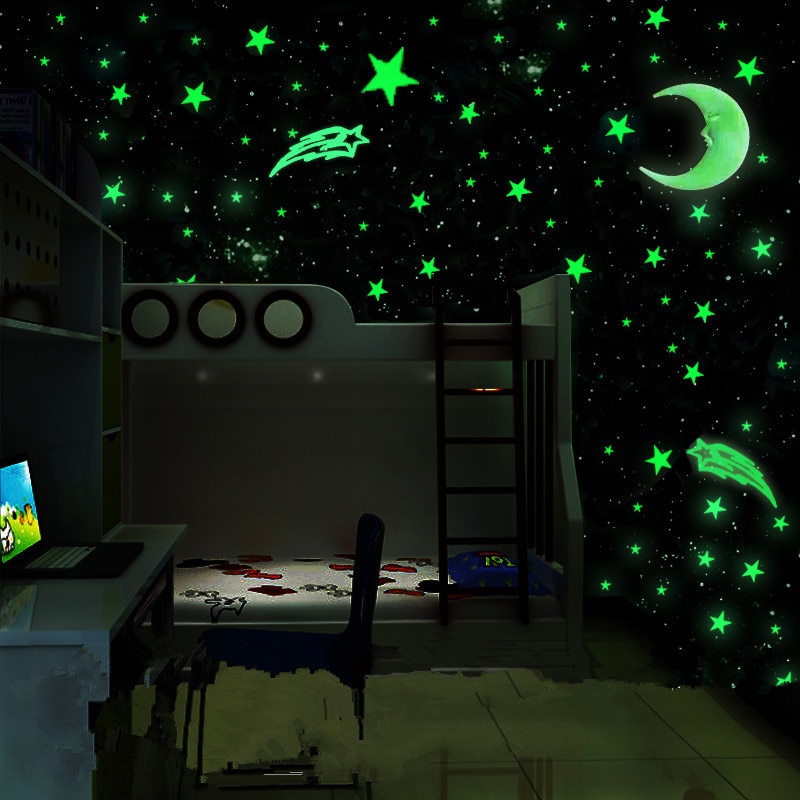 100pcs/set Night Luminous Star Moon Stickers Plastic Light Up Glow In The Dark Toys Wall For Baby Kids Bedroom Sleeping