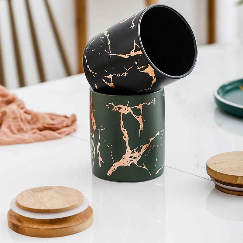 Marble Pattern Ceramic Storage Bottles Jars With Wooden Cover Sugar Shaker Spice Jar Kitchen Accessories Ceramics Storage Jar