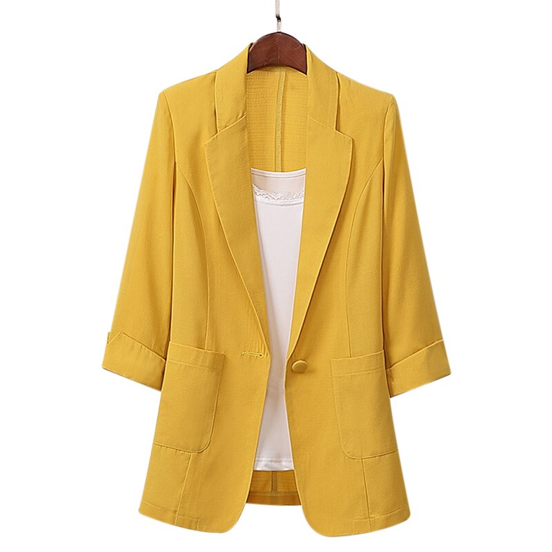 Veste de costume longue en coton et lin pour femmes, grande taille, ample, décontractée, à la , vêtements pour femmes, offre spéciale, NOV99: lemon yellow / XXXL