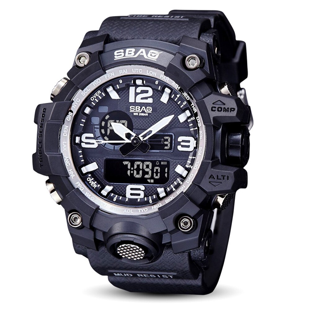 Luxury Electronic Watch Men LED Digital Outdoor Sports 3Bar Waterproof Multi-Function Наручные часы Sports Shock Wrist Watches: Black