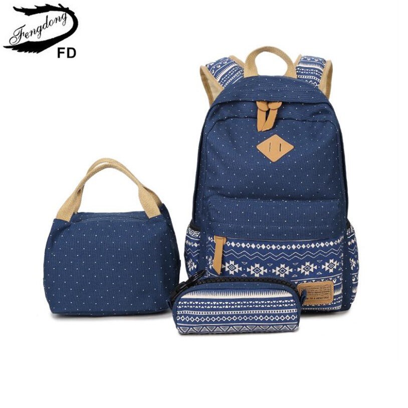 Fengdong 3pcs/set kids vintage school backpack bag set school bags for teenage girls polka dot backpacks for children bookbag