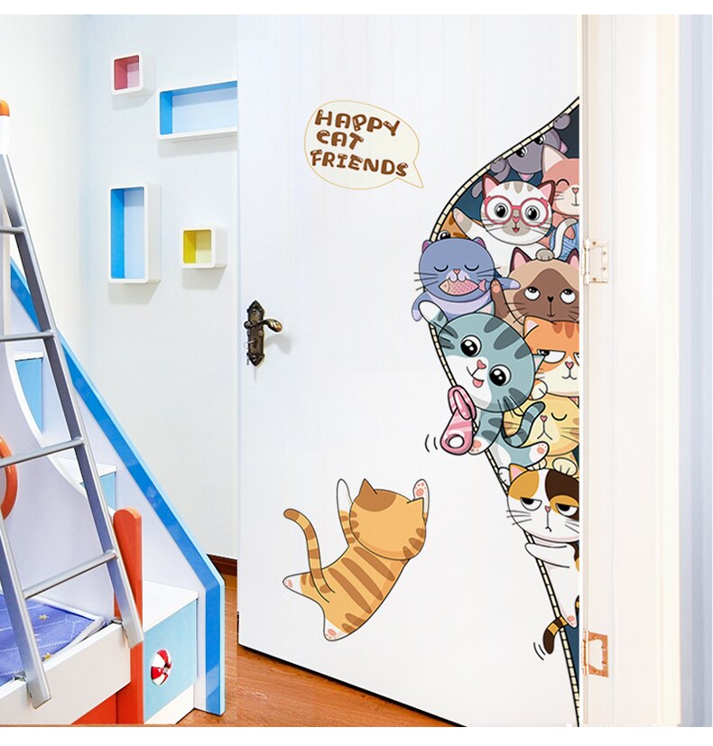 Happy Cat Friends Kids Room Wall Sticker DIY Cartoon Animal Door Stickers Nursery Wall Decals Mural Wallpaper