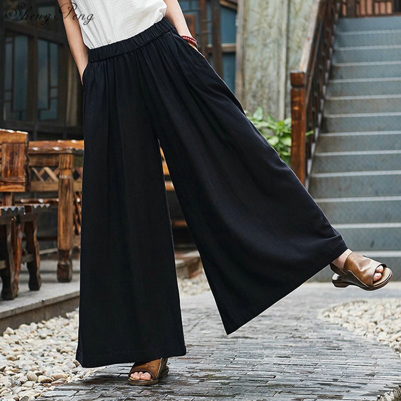 Pantalones de lino de pierna ancha para mujer, pantalón Vintage holgado, con cintura elástica, con bolsillos, de talla grande, para otoño e invierno, V1574,: 2
