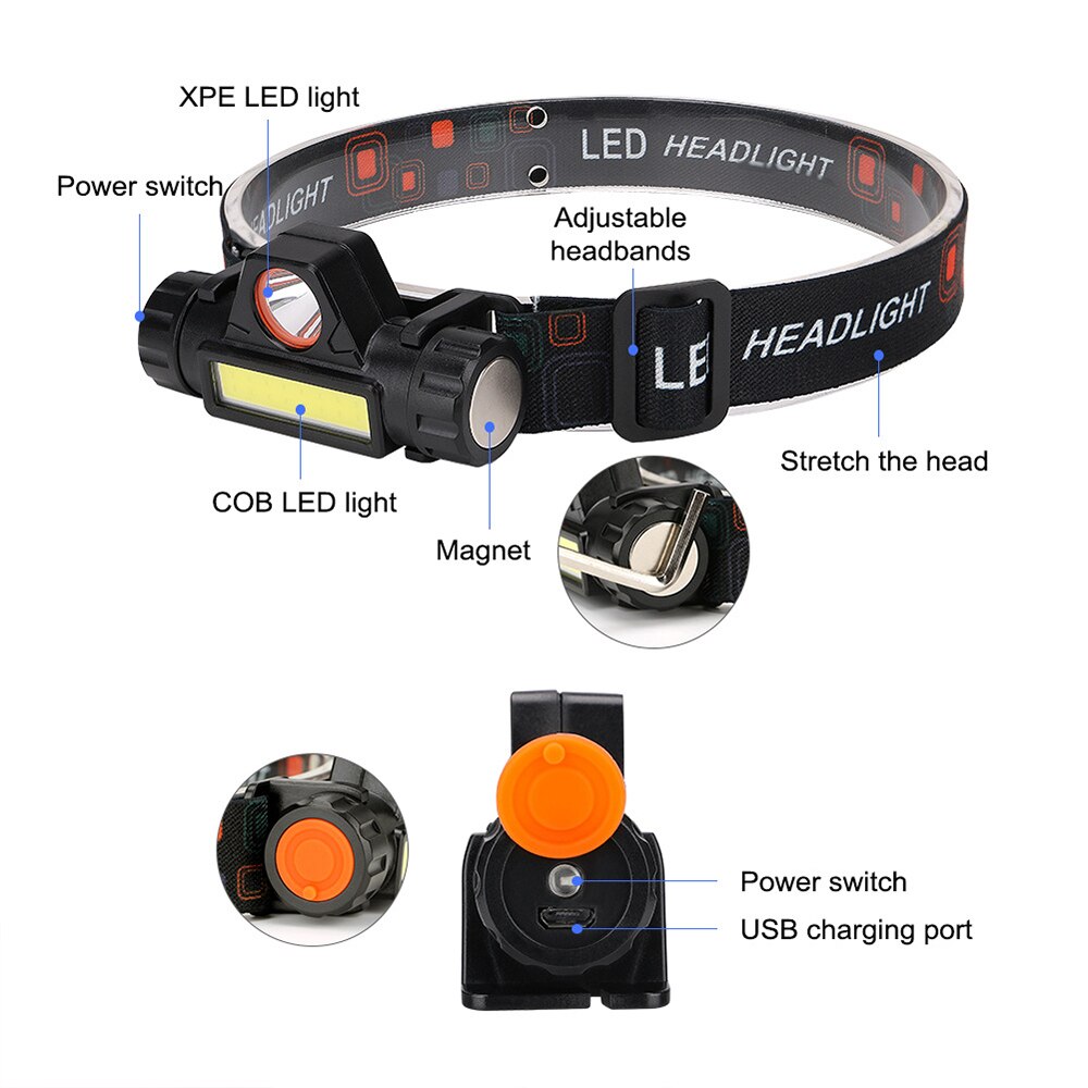 Q5+COB LED Headlamp Head Lamp Portable Headlight Waterproof 2500lm High Power Battery Usb Rechargeable Outdoor Working Light