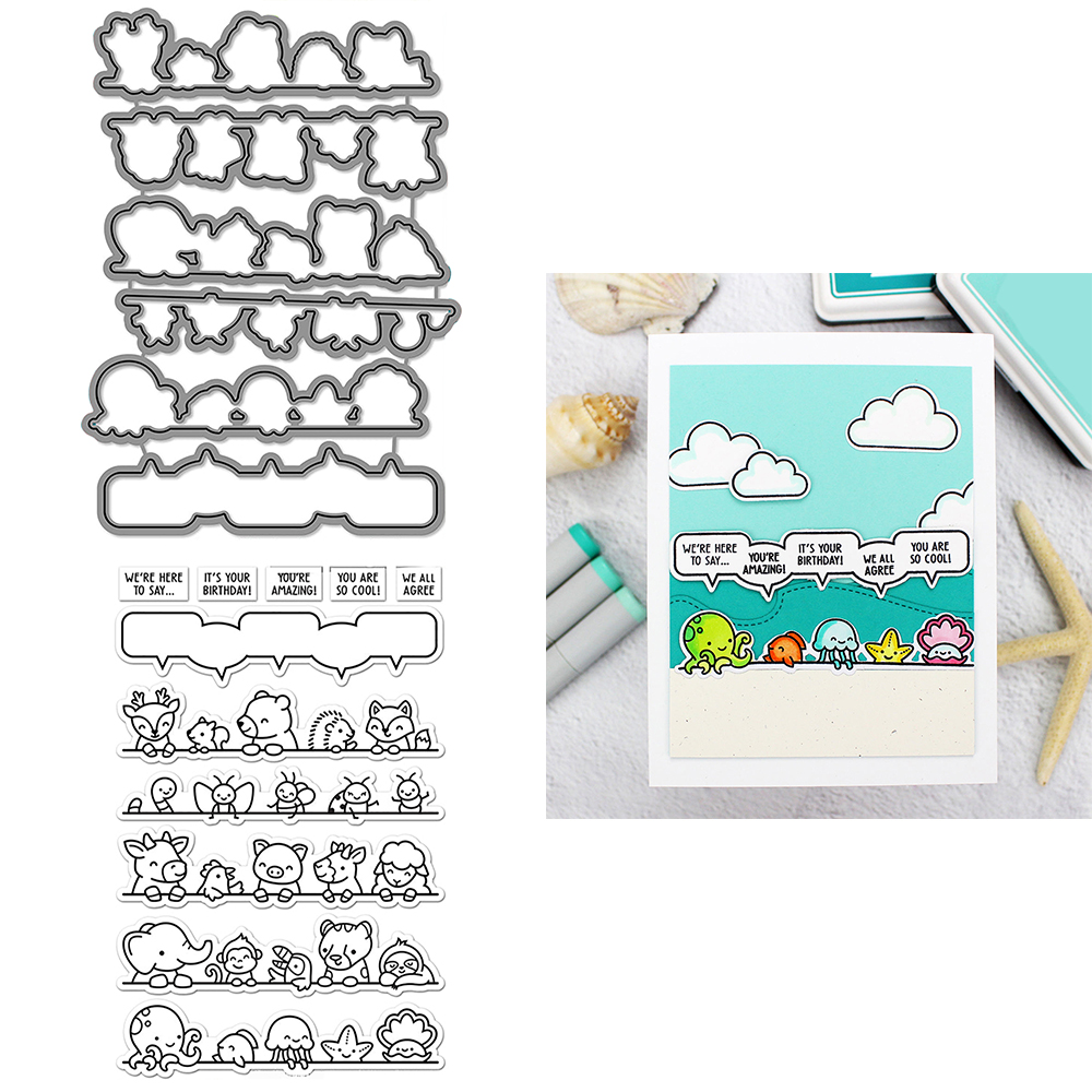 Critter Border Diglogue Cutting Dies Clear Stamps Happy Birthday Sentiments for DIY Scrapbooking Paper Cards Craft: S / light yellow