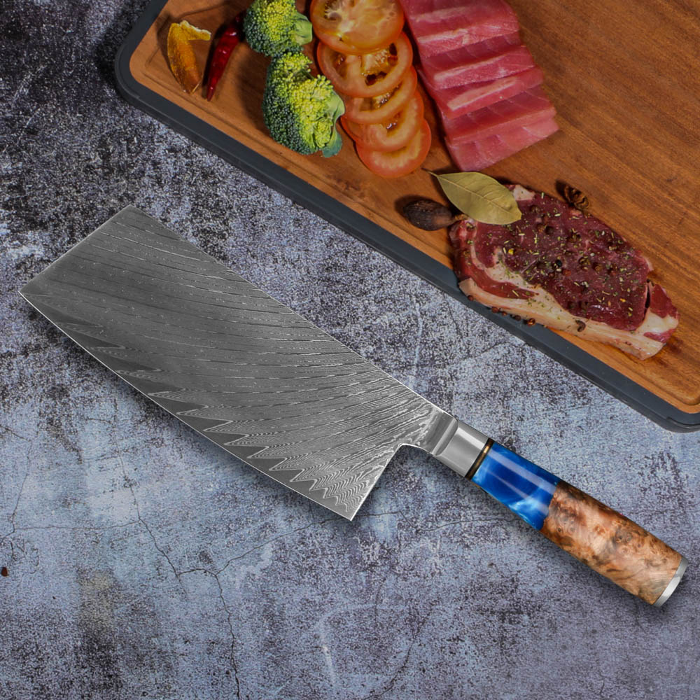 MOKYING Forged Kitchen Knife Set Damascus Steel Chef Knife Chopping Kitchen Knife Peeling Bread Knife Blue Resin Handle: A