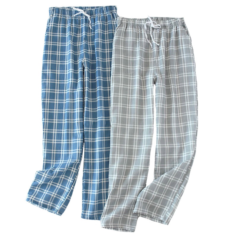 Spring and Summer Sleep Pants Men's Gauze Cotton Simple Style Plaid Trousers Elastic waistband Full Length Sleep Bottom