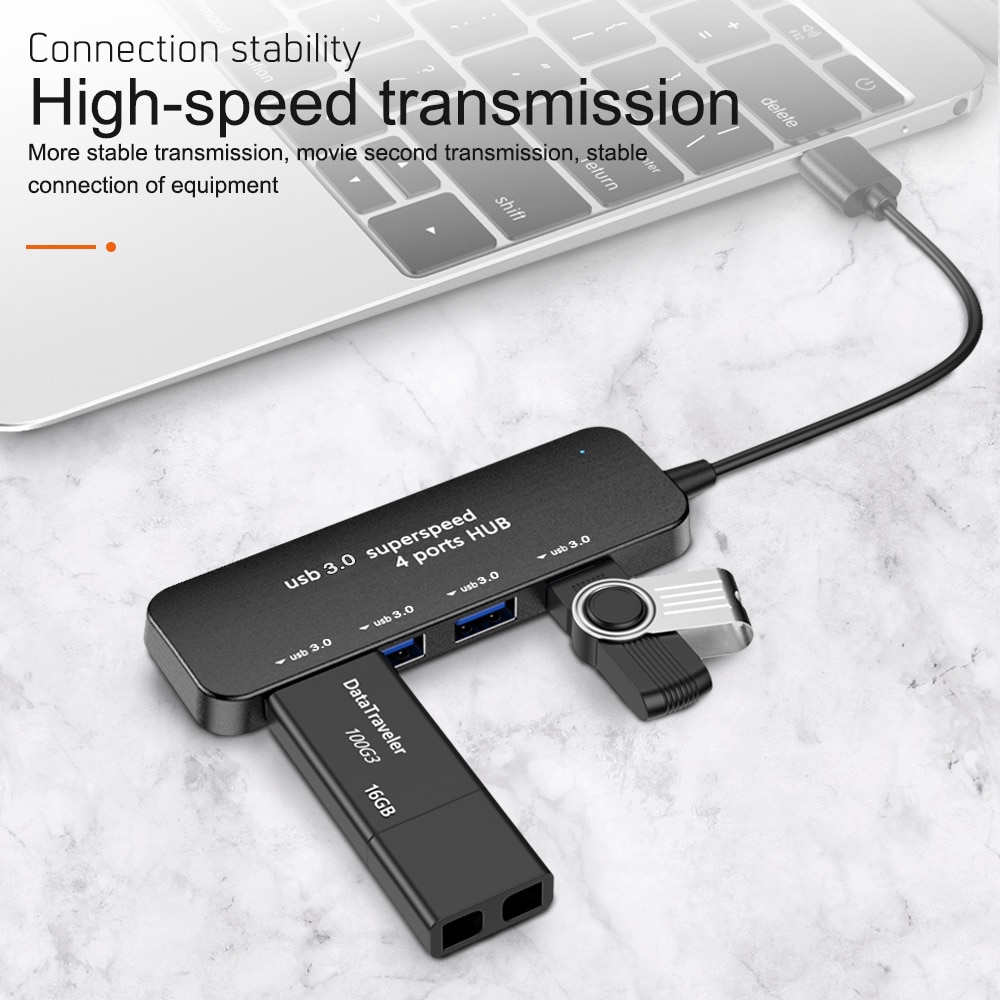 Hub usb 3.0 de 4 portas ultrafinas, hub com luz indicadora de alta velocidade para multi-dispositivos, computador, laptop, desktop, pc, adaptador usb 3.0