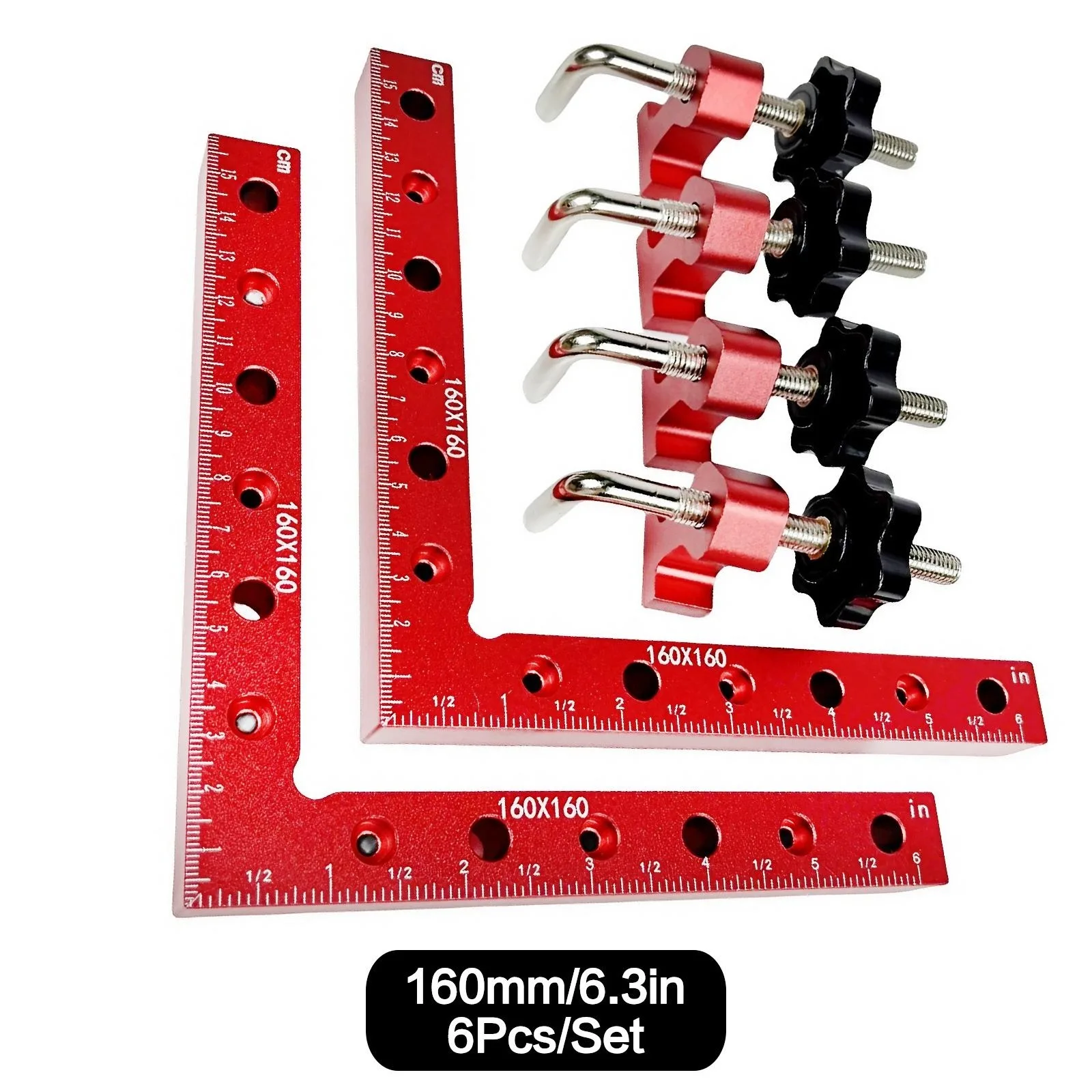6 st höghållfasta träbearbetningsklämmor i aluminiumlegering, 90 graders rätvinkel, gör-det-själv-träskarvning, hemprojekt: Röd, silverton