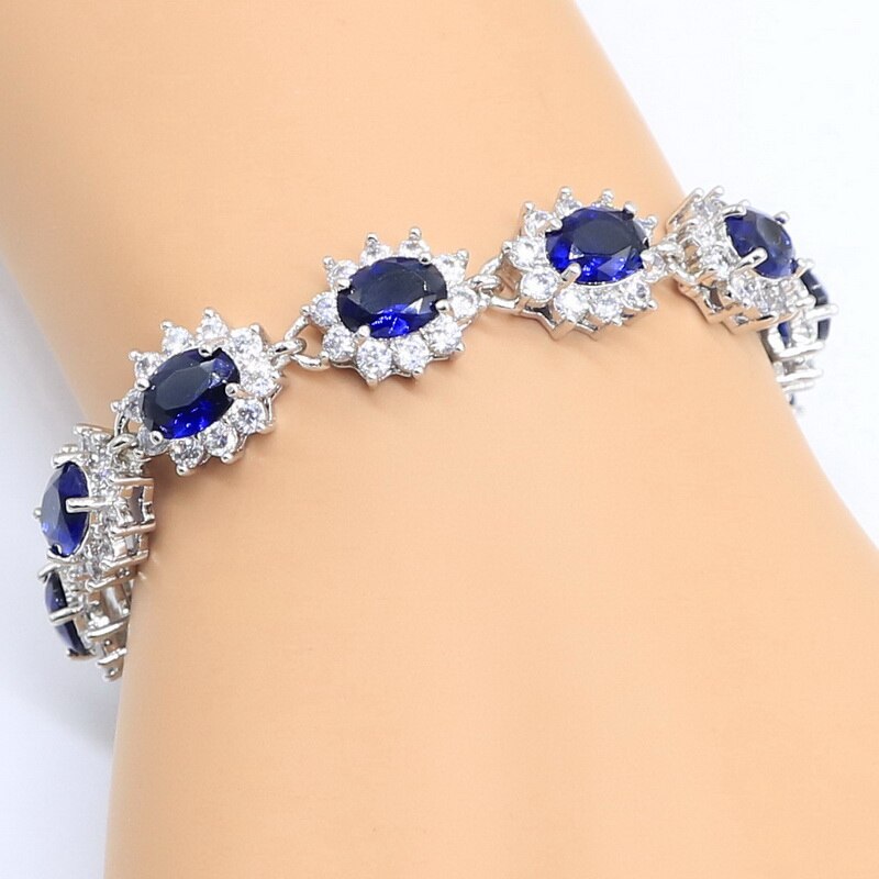 Silver färg bröllop smycken set för kvinnor blå halvädelst armband örhängen halsband hänge ringar box