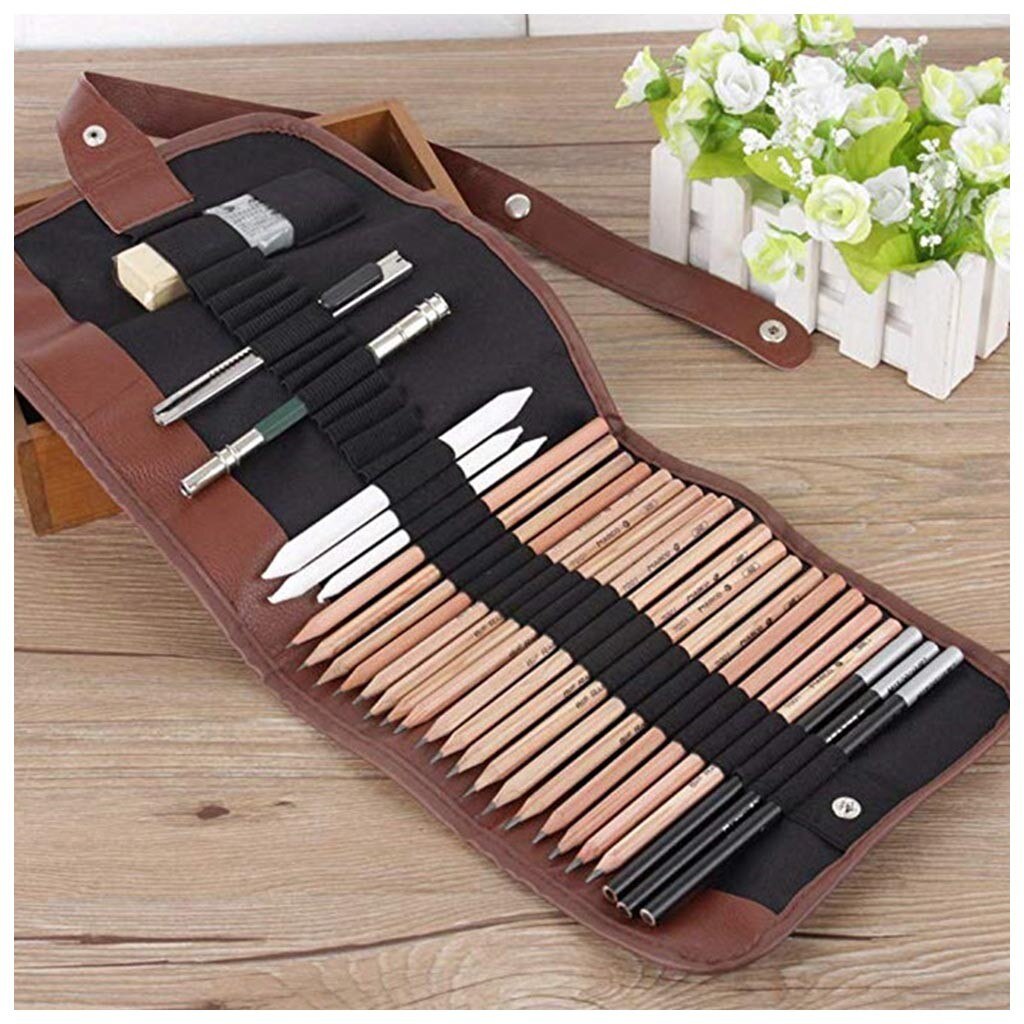 Art Supplies Artist Sketching Kit Canvas Roll Up Pencil Case For Beginners Child Pencil Set Drawing Kit Wood Bag