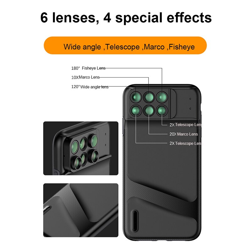 For iPhone XS Max Dual Camera Lens 6 in 1 Fisheye Wide Angle Macro Lens For iPhone XS XR Xs Max Telescope Zoom Lenses + Case