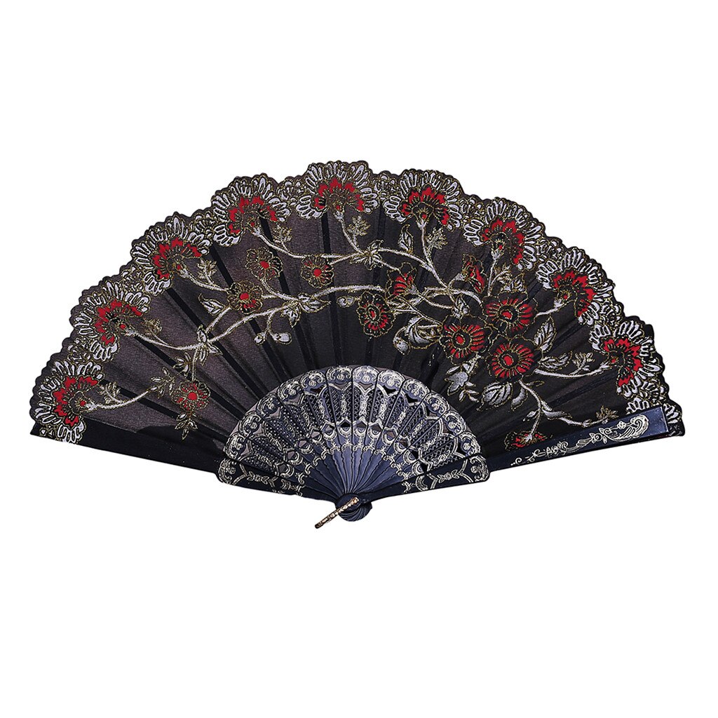Fãs de flores do vintage bordado estilo chinês dança festa casamento mão fã rendas seda dobrável realizada flores ventilador abanico navio da gota: Black
