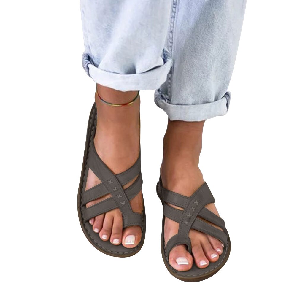 Damen Reise Frauen Sandalen drinnen draussen Schuhe Fuß Korrektur lässig Sommer Strand Offene spitze Flache Ferse PU Leder Weiche Nicht Unterhose: Taupe / 37