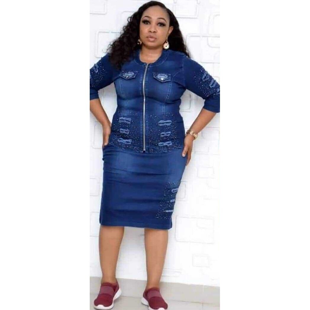 Denim Afrikaanse Jurken Set Voor Vrouwen Dashiki Vetement Femme Ankara Plus Size Jas En Rok 2 Stuks Afrikaanse kleding