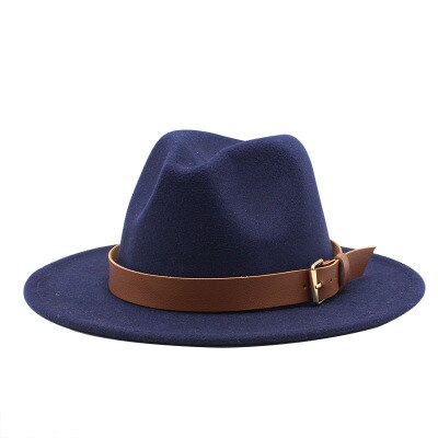 Fedora hoeden voor mannen, effen, formele kleding, kerk, bruiloft, brede rand, vilten hoed, winter, herfst, kaki, beige, riem, gesp, jazzpet voor mannen: Marine