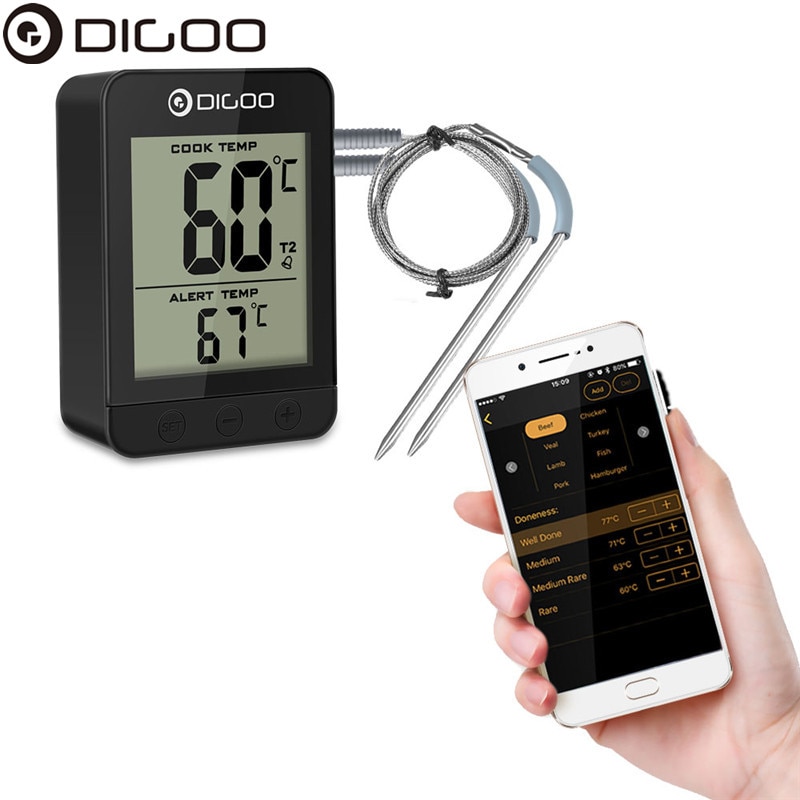 Digoo dg  ft2203 smart bluetoorh led display bbq kök matlagningstermometer metallsonder app funktion för kött grillning