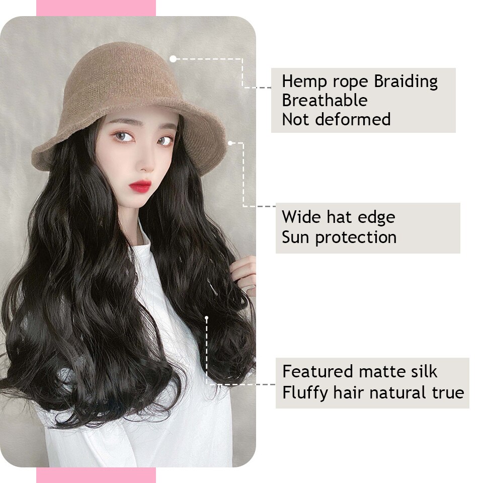HUAYA chapeau perruque synthétique Long ondulé bouclé chapeau de pêcheur Extensions de perruque femmes résistant à la chaleur fibre quotidien faux cheveux chapeau