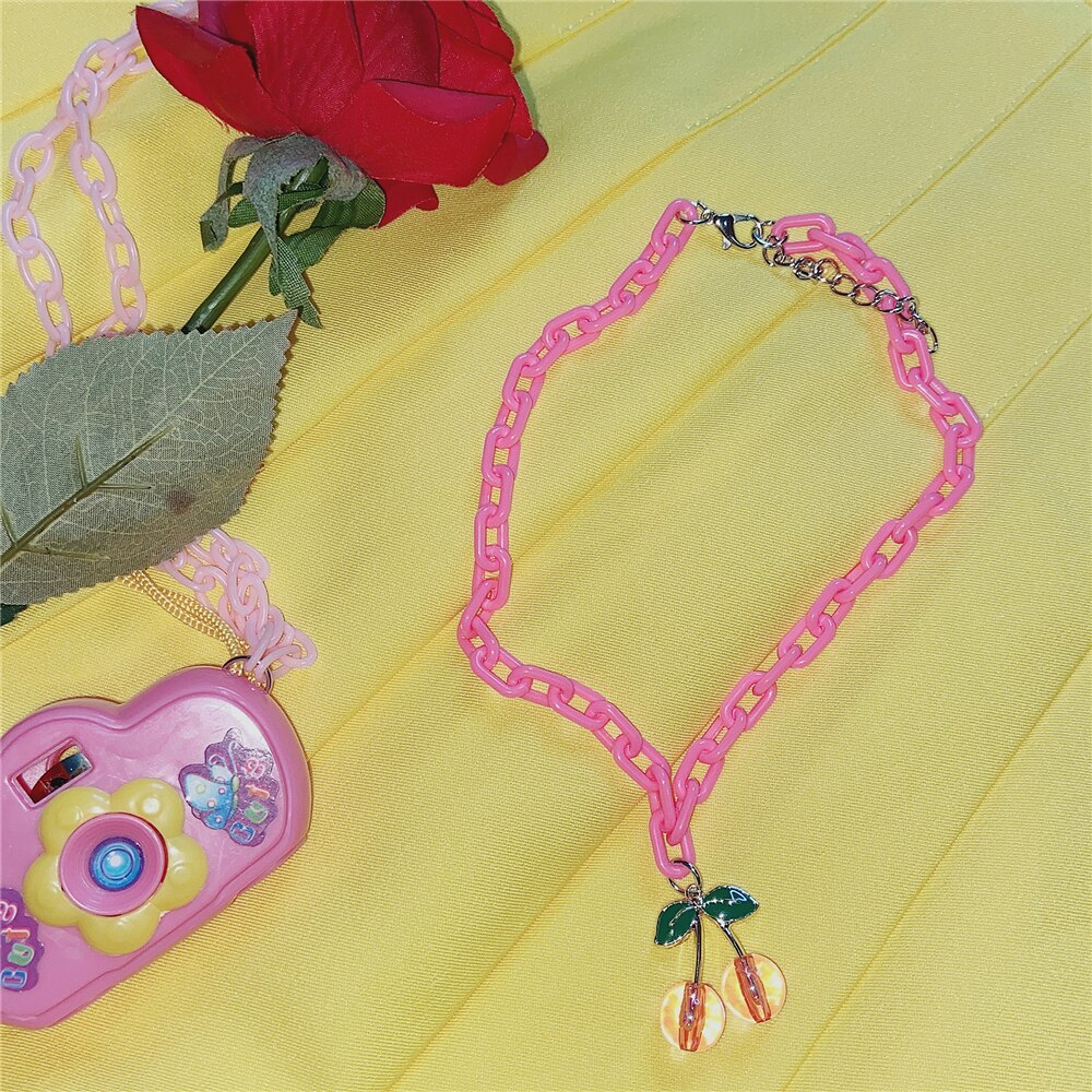 Pink kirsebær gennemsigtig akryl kæde vedhæng halskæde til kvinder pige sød frugt choker halskæde statement smykker