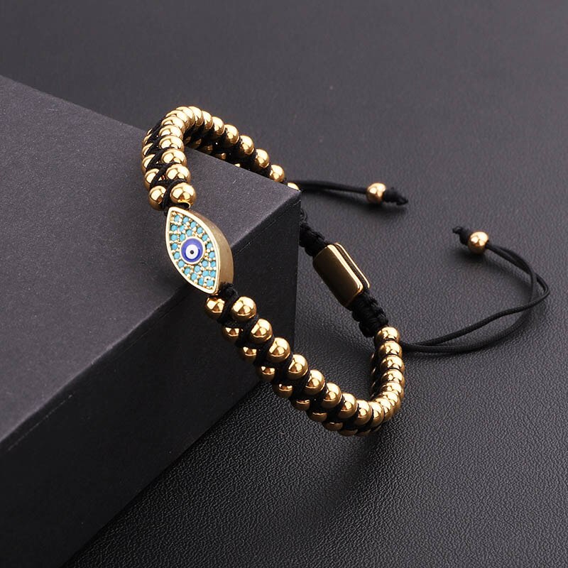 Women Men Bracelet Stainless Steel Beads Blue CZ Eye Charm Braided Macrame Beaded Friendship Bracelet Lucky