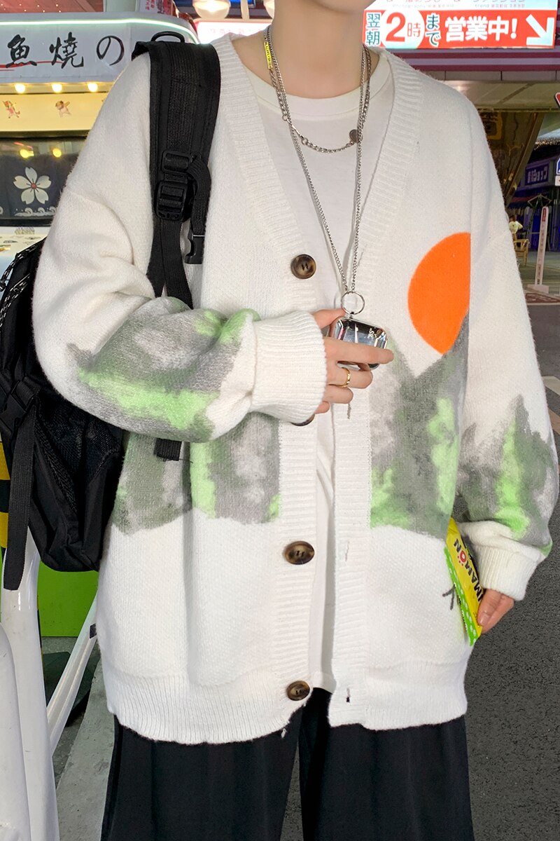 Mode Jacquard Gebreide Trui Top Lange Mouwen Losse Vest Mannen High Street Casual Sweatercoat Zwart/Wit