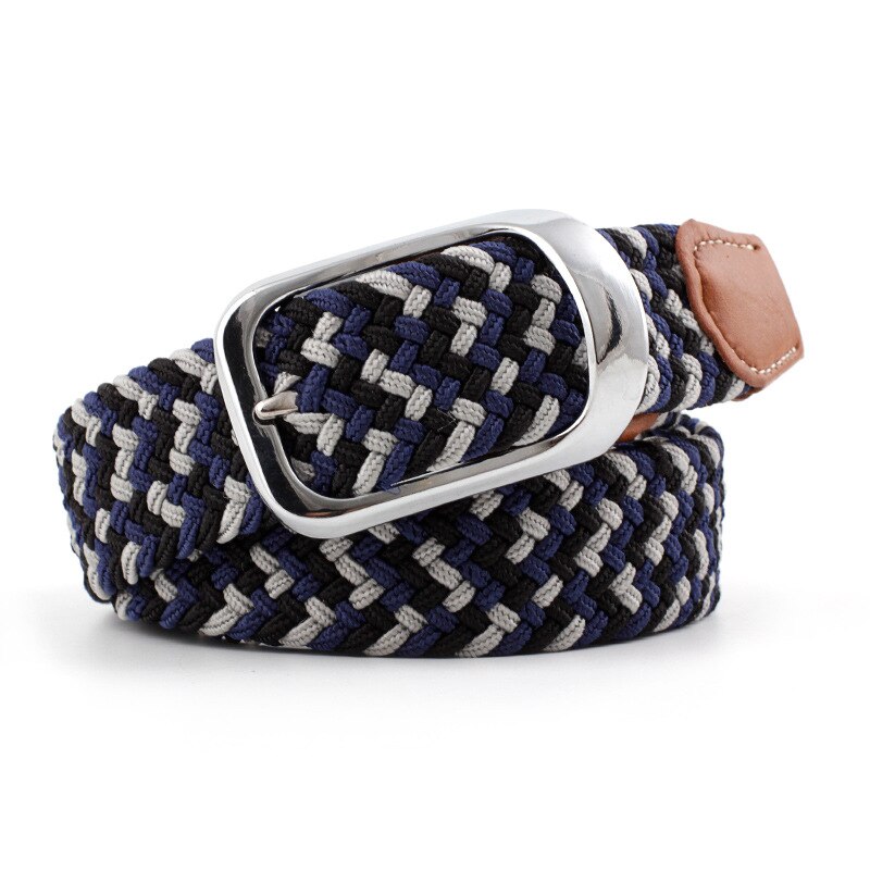 Menn kvinner elastisk belte lerret nylon tøyelig flettet belter til jeans nålspenne fargerik strikket webbing stropp rem: Svart-blått-hvitt
