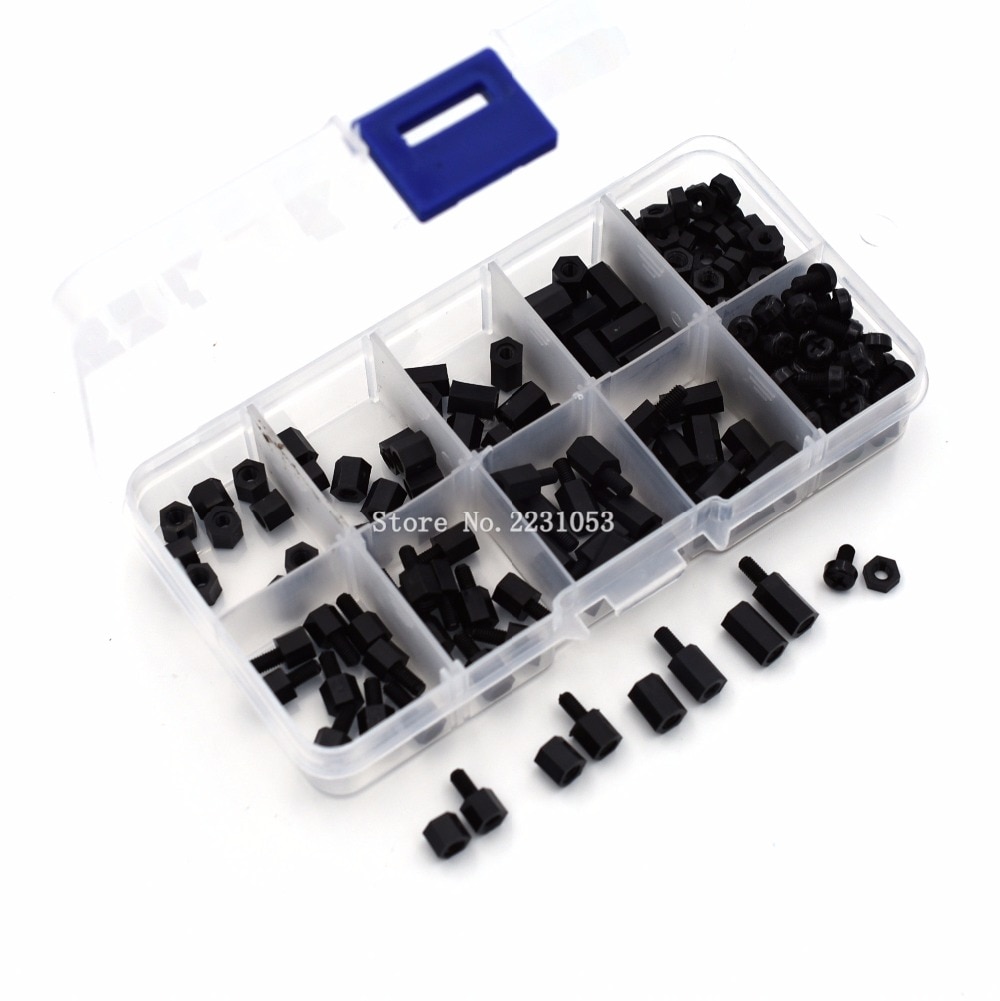 200 STKS M3 Nylon M-F Hex Spacers Moer Mannelijke Vrouwelijke schroef Assortiment Kit Zwart Stand off Set M3 * 5mm M3 * 6 M3 * 8 M3 * 10mm