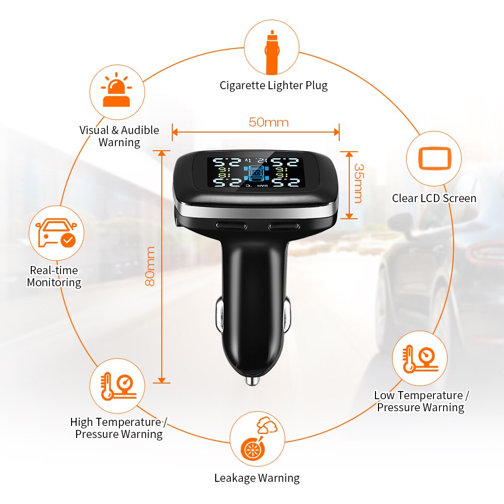 Car TPMS Tire Pressure Monitoring System Sensor USB Port Car Safety Alarm Cigarette Lighter Digital System Tire Pressure System
