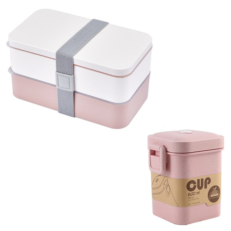 1200ml Double Layers Lunch Box With Spoon and Fork Healthy Plastic Bento Boxes Microwave Food Storage Container Lunchbox: Pink Set