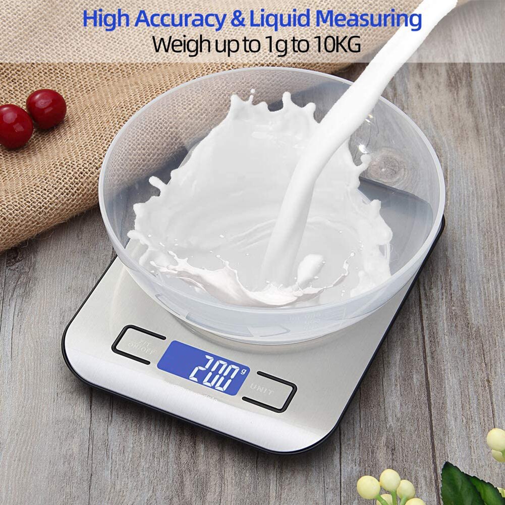 Digital Food Kitchen Weighing Scales LCD Display 10KG Cooking Measuring Scale Waterproof for Home Baking Stainless Steel