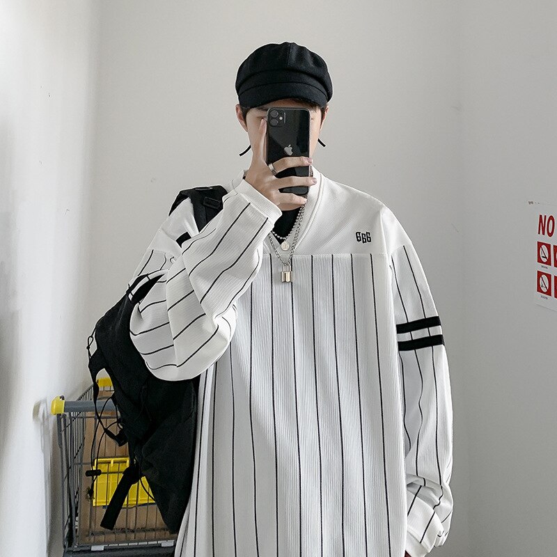 Striped V-neck Loose Sweatshirt Men Boy Korean Style Oversized Men's Sweatshirts Student Clothing