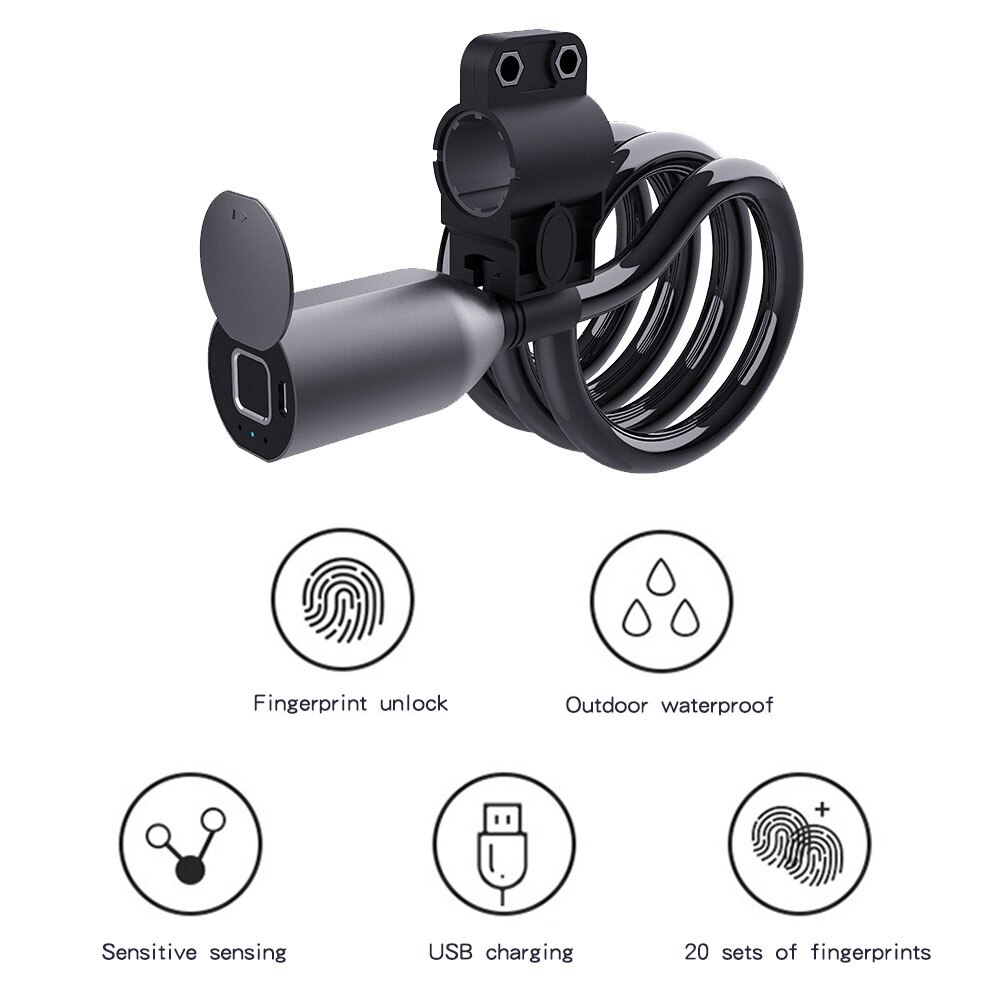 Motorfiets Lock Keyless Vingerafdruk Fiets Slot Met Usb Charge 39.4 Inch Fiets Kabel Sloten Voor Bike Motorcycle Gate Hek