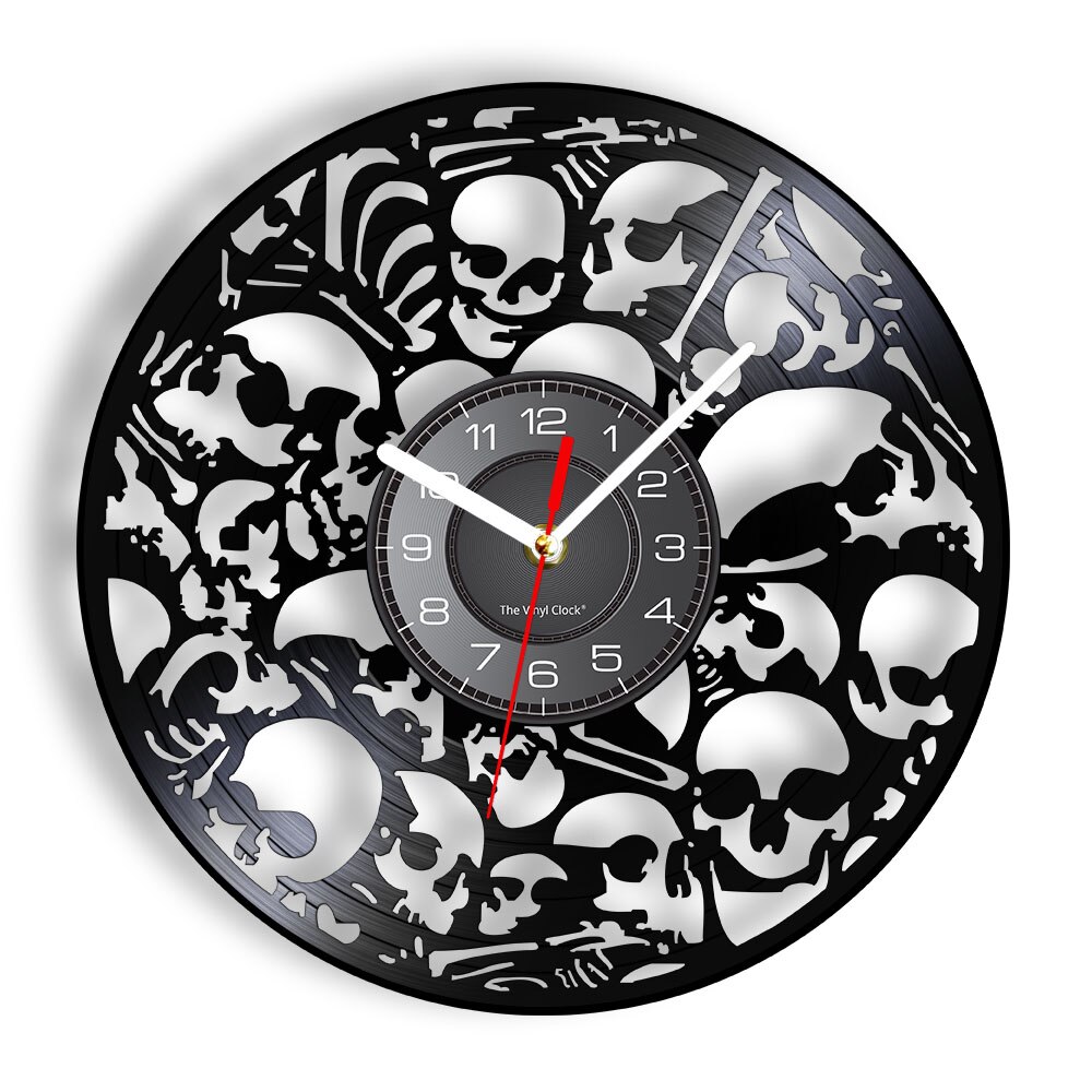 Horloge murale tête squelette mort disque vinyle | Horloge murale faite de disque vinyle, Vintage, crânes pilées, décoration murale Art Halloween horreur: Without LED