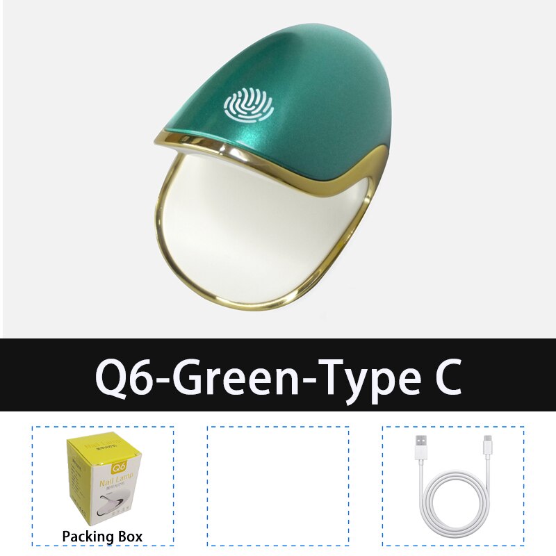 Lámpara de secado rápido para uñas, uñas de Gel de 6W Q6 minisecador, 3LED UV, botón táctil, actualización de carga tipo C, manicura: Green