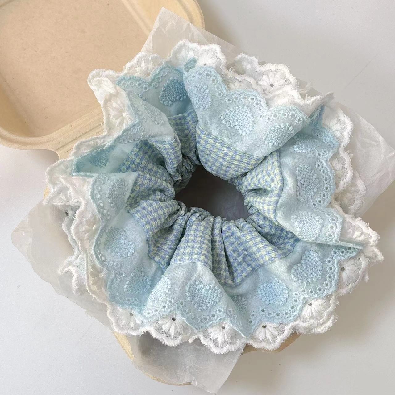 Stora hårband för kvinnor i spets, rutigt hårband, hästsvanshållare, hårknyte, hårring, gummiband, håraccessoarer för kvinnor, huvudbonader: Himmelsblå