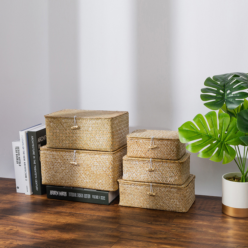 Rectangular Weaved Storage Box with Lid Rattan Storage Baskets Home Bathroom Sundries Laundry Toys Clothes Storage Organizer